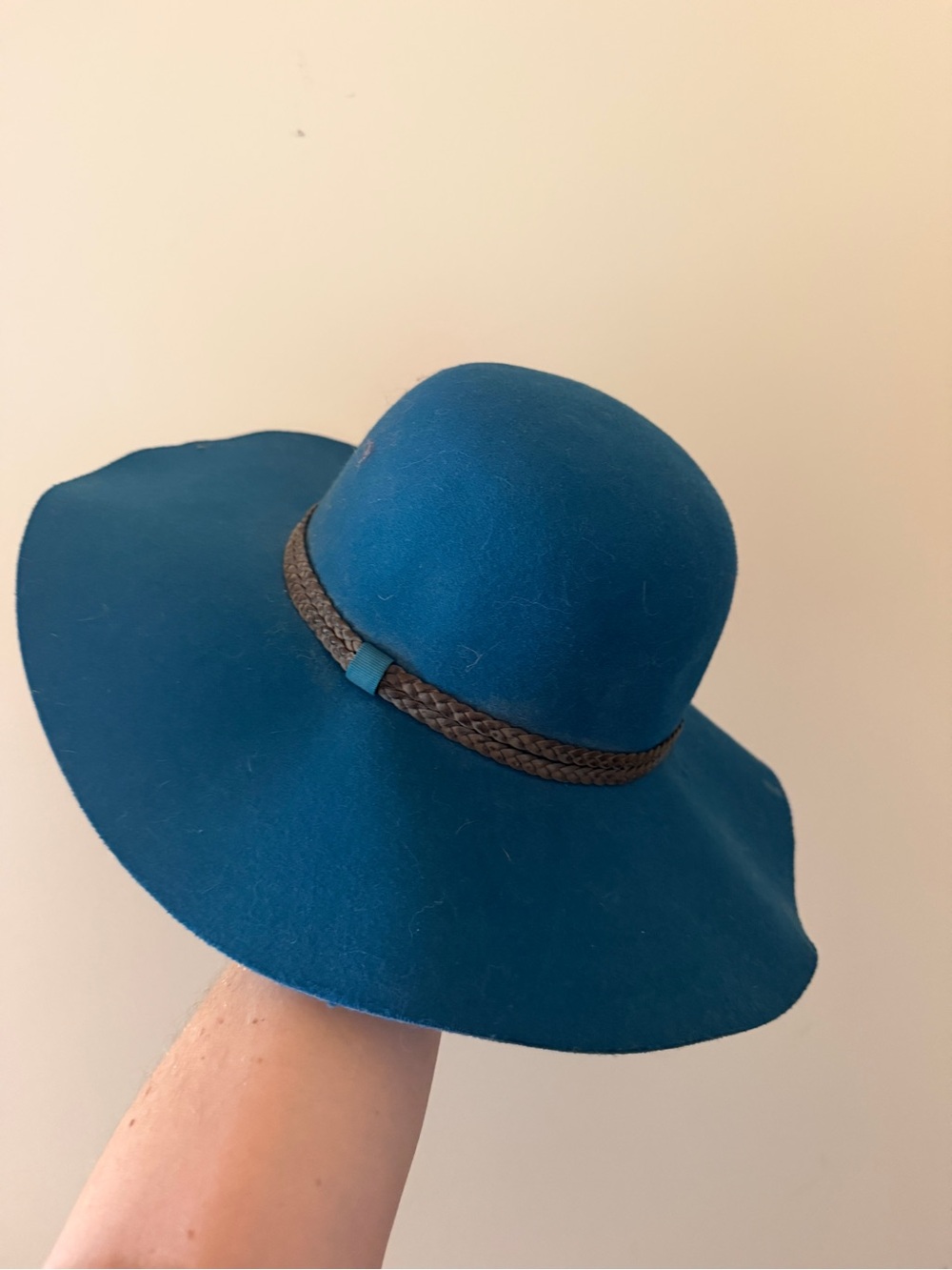 Teal Wide-Brim Felt Floppy Hat with Braided Band